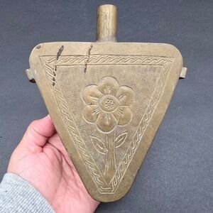 Vintage Etched Brass Triangular Gunpowder Flask Canteen Floral Motif Primitive